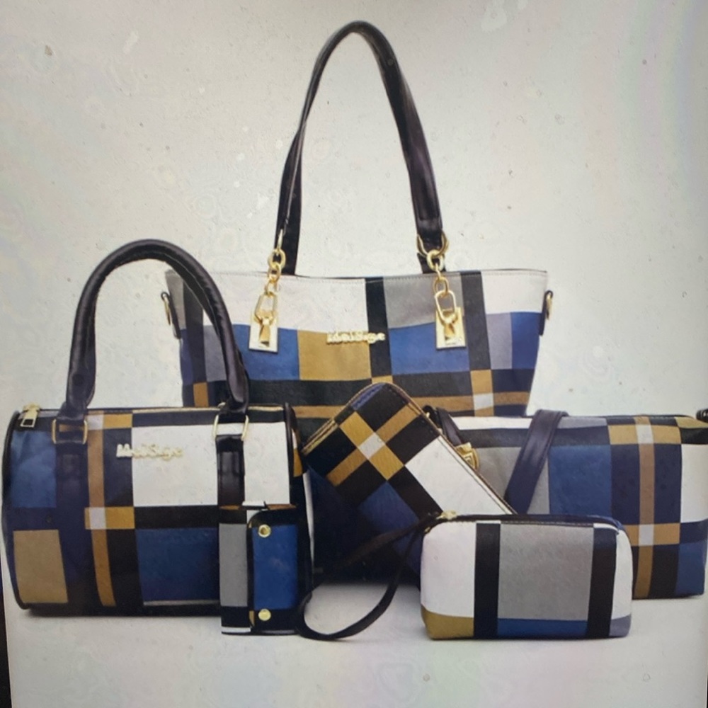 Fashionista 6 Piece Plaid Colorblock Handbags - with Zippers & Straps - NWOT